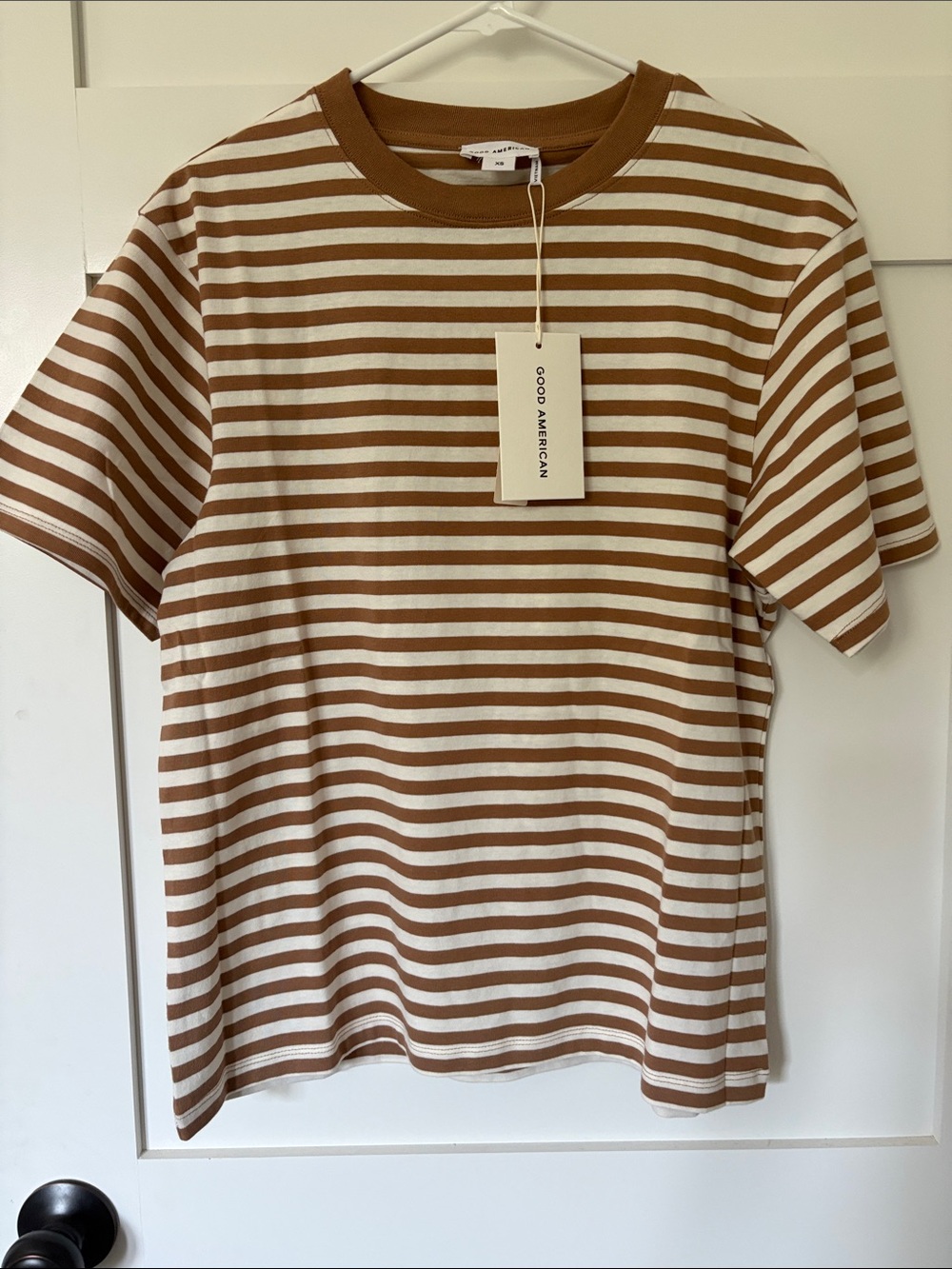 Good American Brown & White Striped Short Sleeve Crew Tee XS